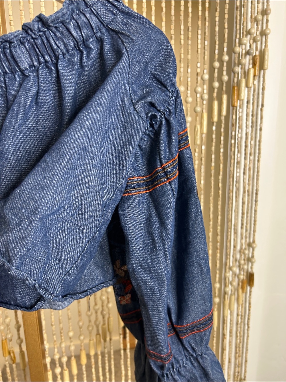 Embroidered Off-Shoulder Denim Blouse - Blue - Picture 9 of 15